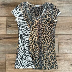 GILDED 2000s Y2k Sheer Animal Print V-neck Fitted Short Sleeve Top | Size Medium
